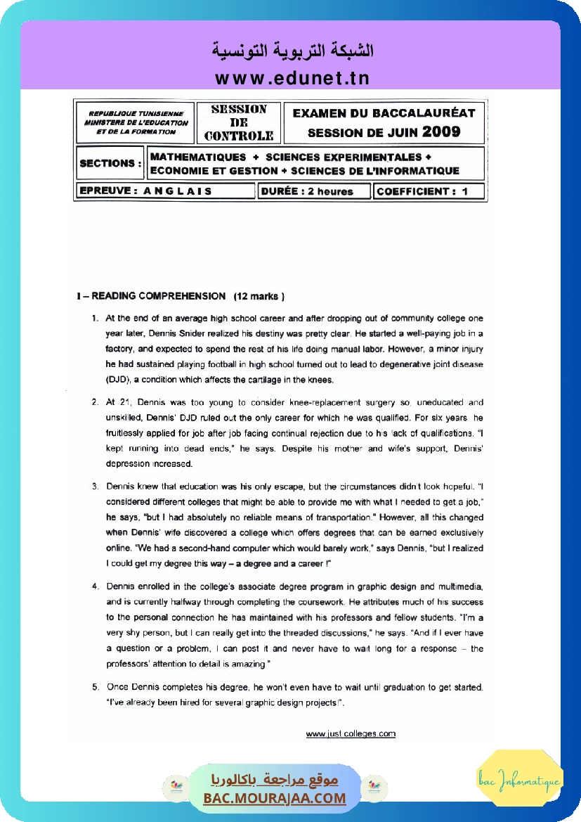 Sujet controle anglais Bac 2009 – Section info